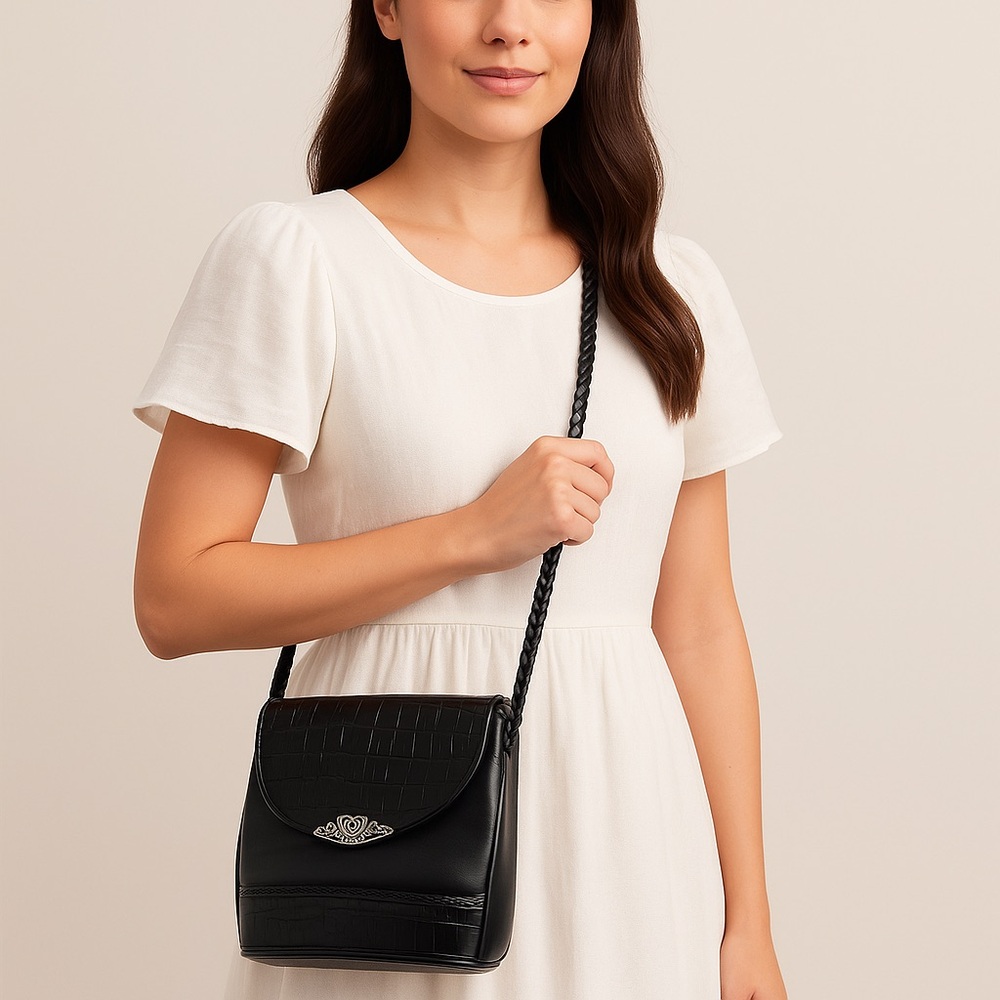 Brighton Black Croc-Embossed Leather Crossbody Purse with Silver Heart Accent